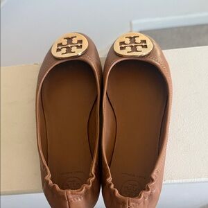 Tory Burch Tan Leather Flats with Gold Logo